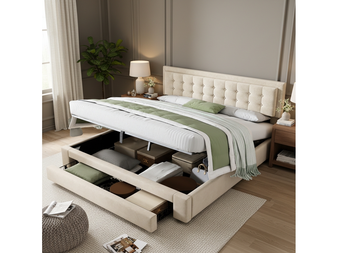 Cama Com Caixa E Gavetas, Tecido De Veludo, Cama Estofada, Base Com Ripas, Cama De Casal, Grande Espaço De Armazenamento, 180 X 200, Bege-op