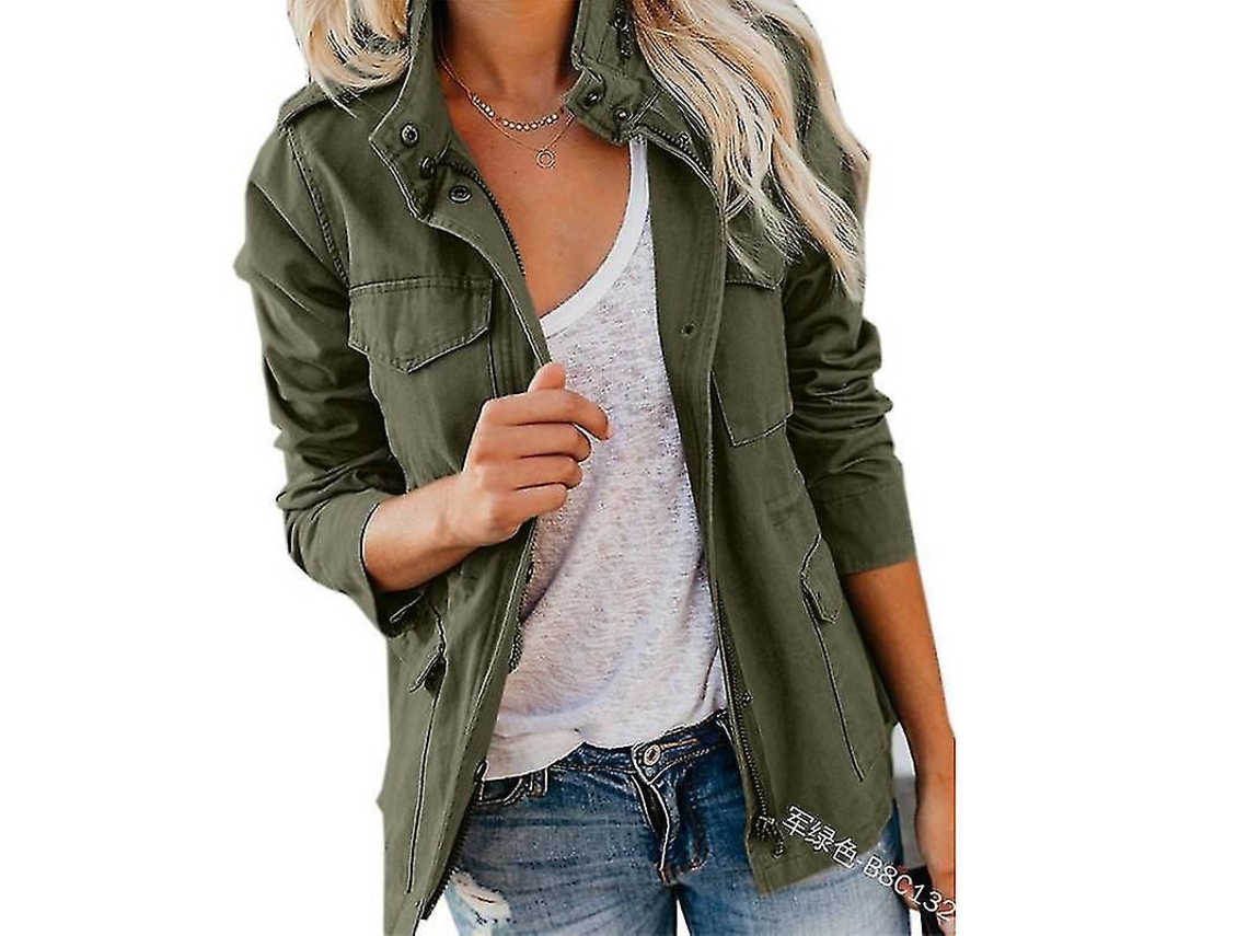 Jaqueta Casual Feminina Iowbfnys De Poliéster Com Zíper, Gola De Baixo, Bolsos, Manga Longa, Tamanho Regular, Primavera/outono Verde Militar