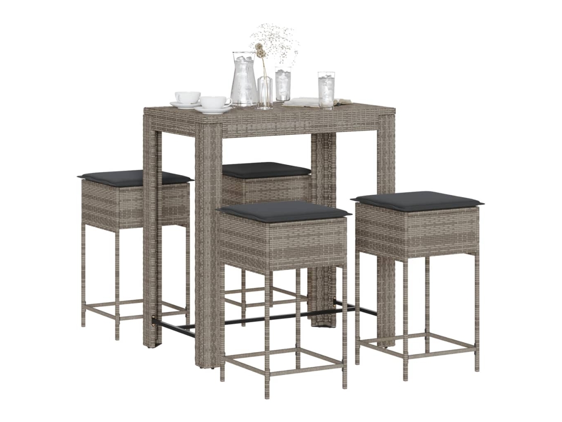 Vidaxl 5 Pcs Conjunto De Bar P/ Jardim C/ Almofadões Vime Pe Cinzento