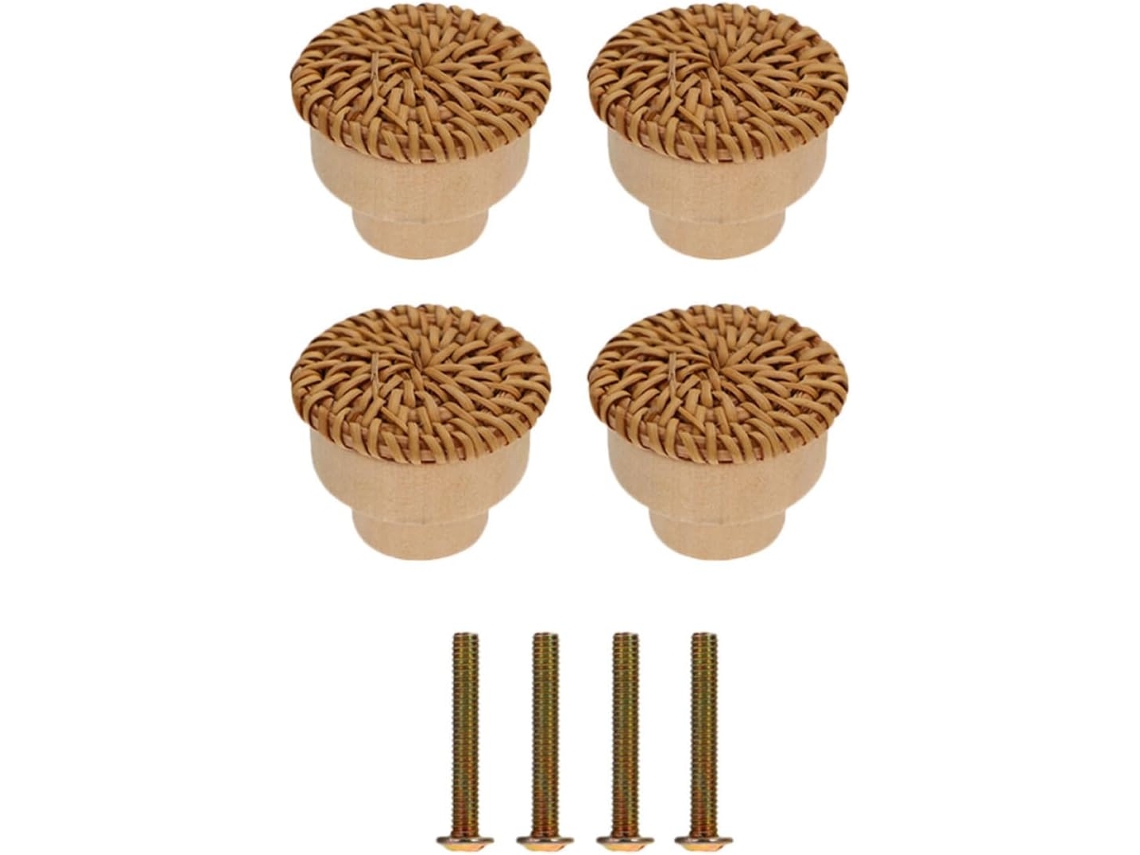 Conjunto De 4 Puxadores Madeira Boho Em Rattan, Redondos, Para Armários E Guarda Roupas Resistentes Duráveis