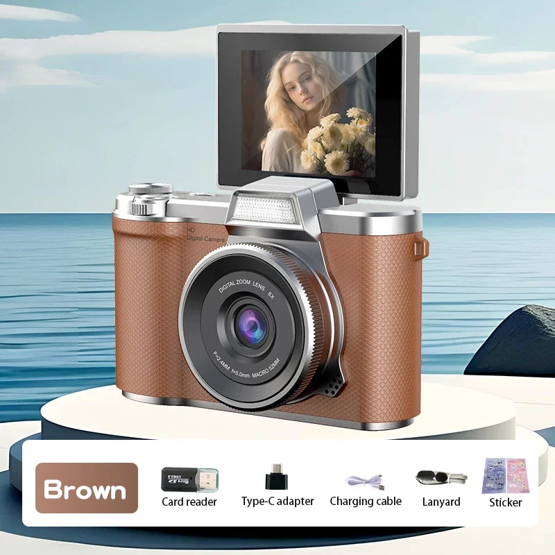 Câmera Digital 4k com Resolução de 48mp, Tela Giratória Recarregável de 180°. MDUG (marrom, Sem Entrada para Cartão Tf)