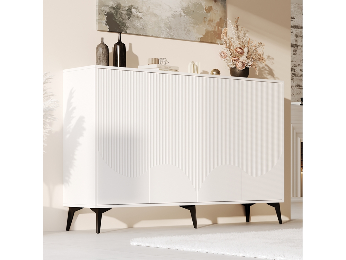 Buffet Largura 160cm Multifunção, Quatro Portas, Prateleiras Ajustáveis E Pés Metálicos Cor Branca