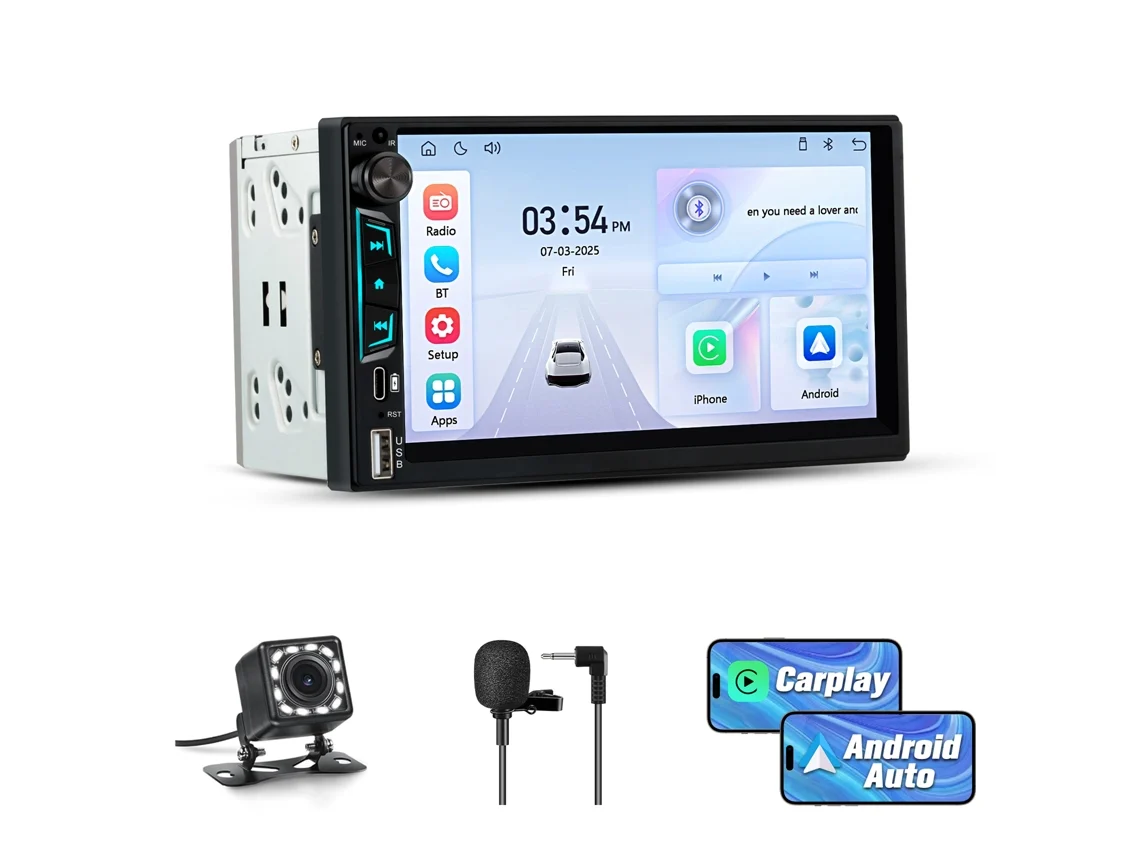 Carplay 2 Din 7'' Ips Autoradio com Botão Giratório, Android Auto Sem Fios, Linux F133, 1024x600 HEXINEX