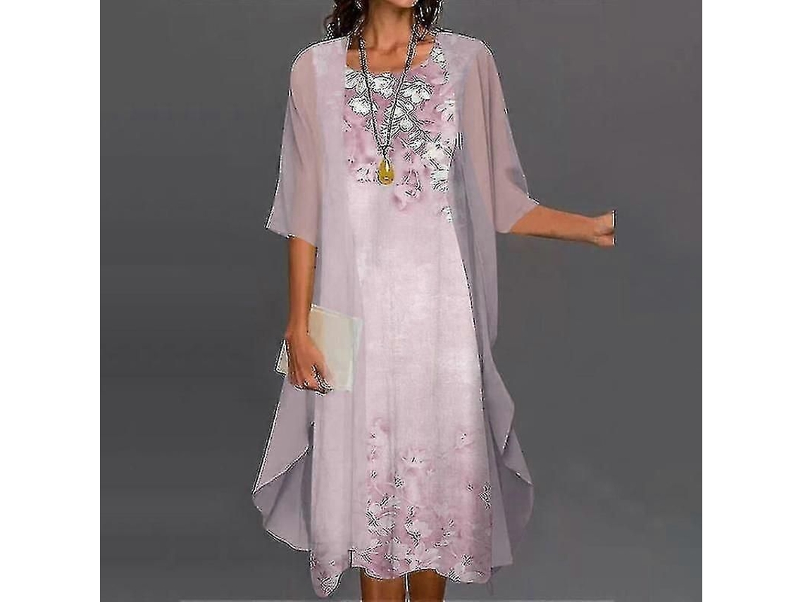 Vestido Bohemio Para Mulher Com Cardigan Estampado Floral De Duas Peças Casual Rosa M