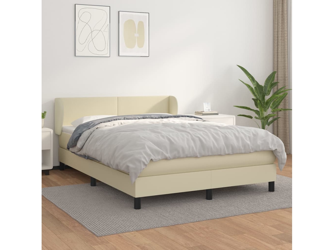 Vidaxl Cama Com Molas/colchão 140x200 Cm Couro Artificial Cor Creme