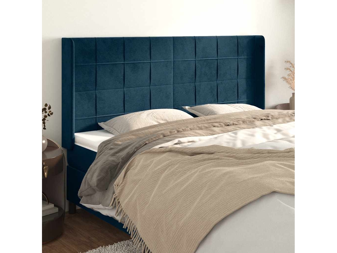 Vidaxl Cabeceira Cama C/ Abas Veludo 203x16x118/128 Cm Azul-escuro