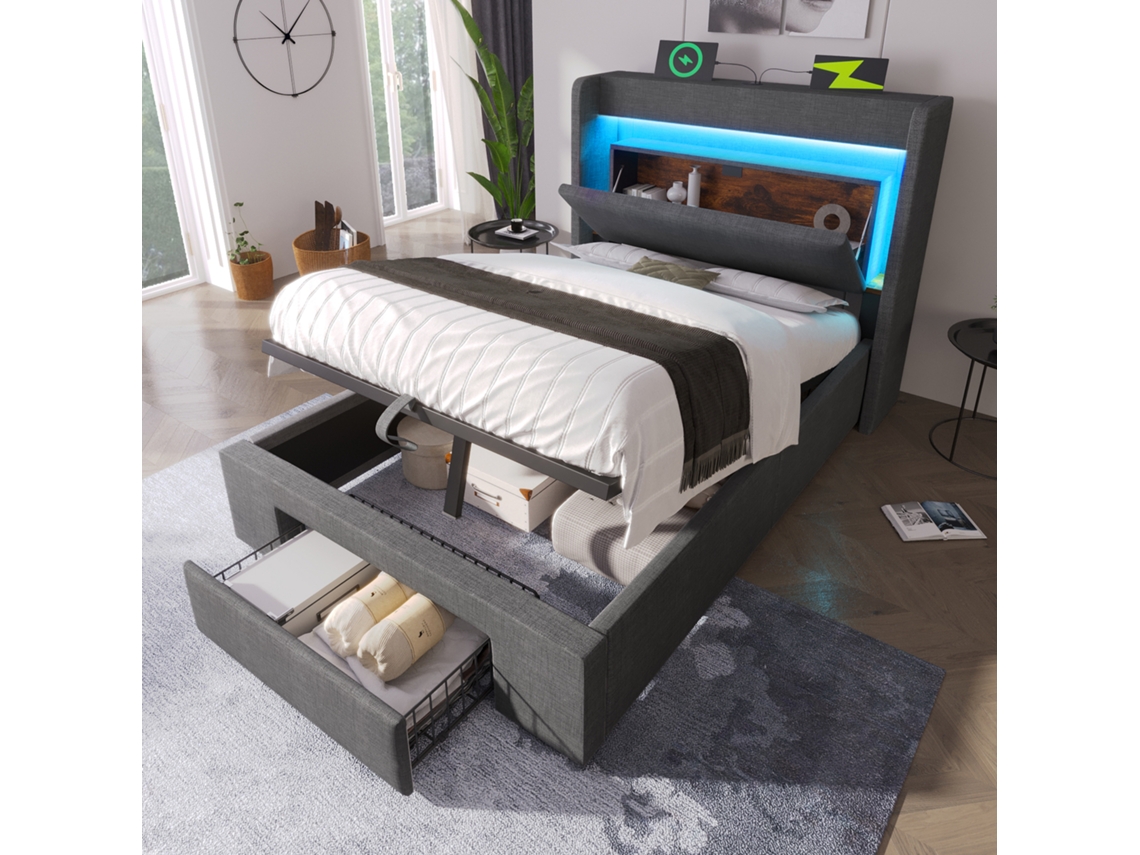 Cama Solteiro 90x200cm Com Armazenamento Led Usb Usb-c Cinza Linho
