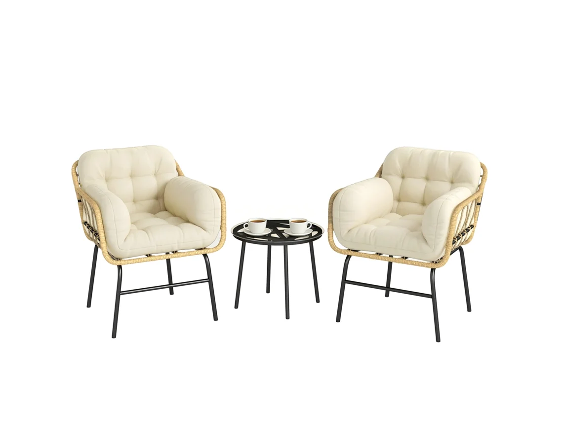 Conjunto de jardim 3 peças em rattan PE: 2 cadeiras com almofadas, mesa com vidro temperado, caqui QINGYU TECH