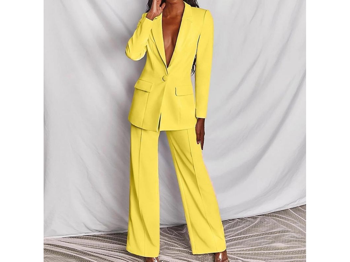 Conjunto de duas peças feminino 2026, com manga comprida, estilo casual elegante para negócios, Solidário Stp M, amarelo.