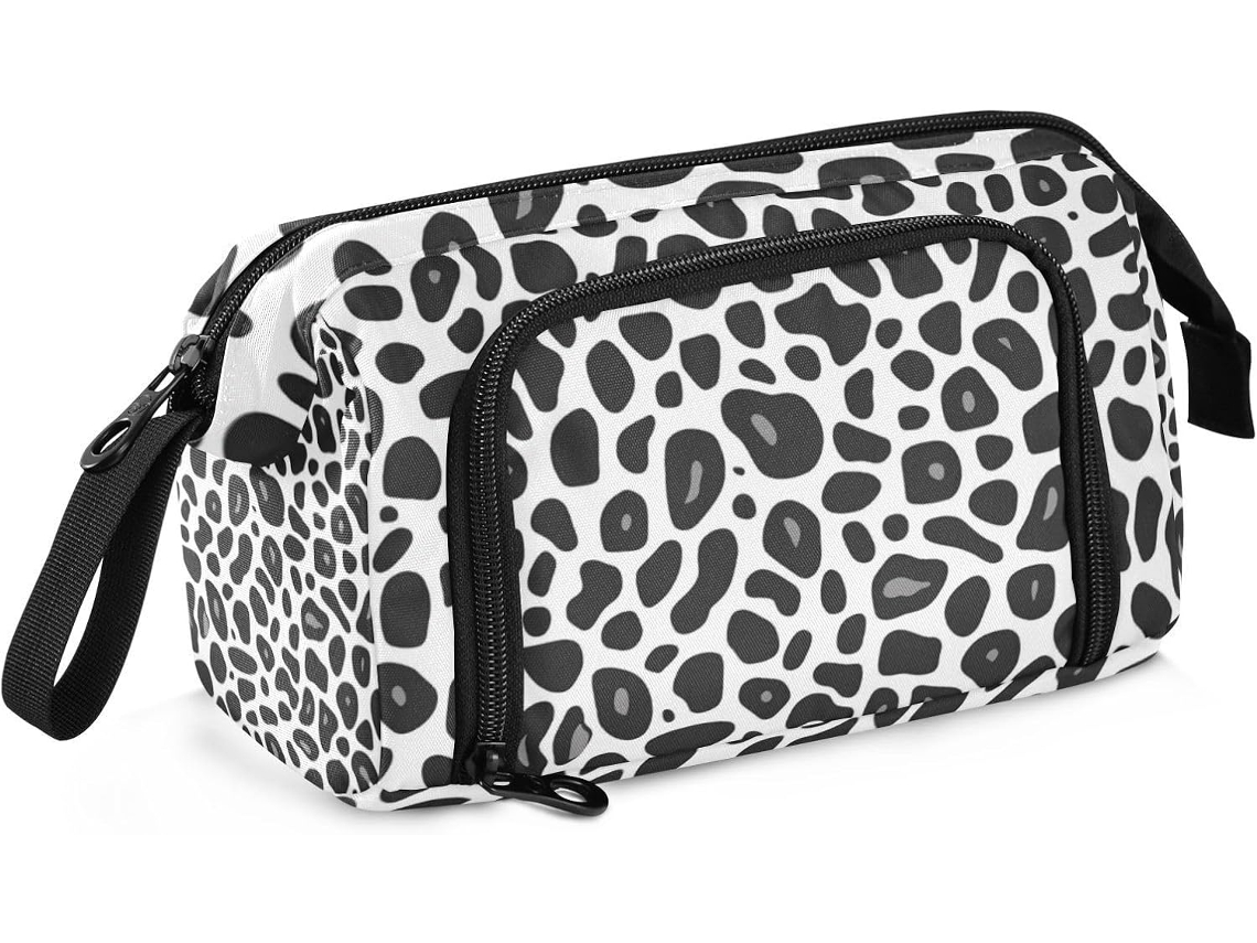 Estojo Grande com Zíper para Lápis, Estampa de Leopardo, Preto/branco, Ideal Crianças. 24 X 9,5 15 Cm