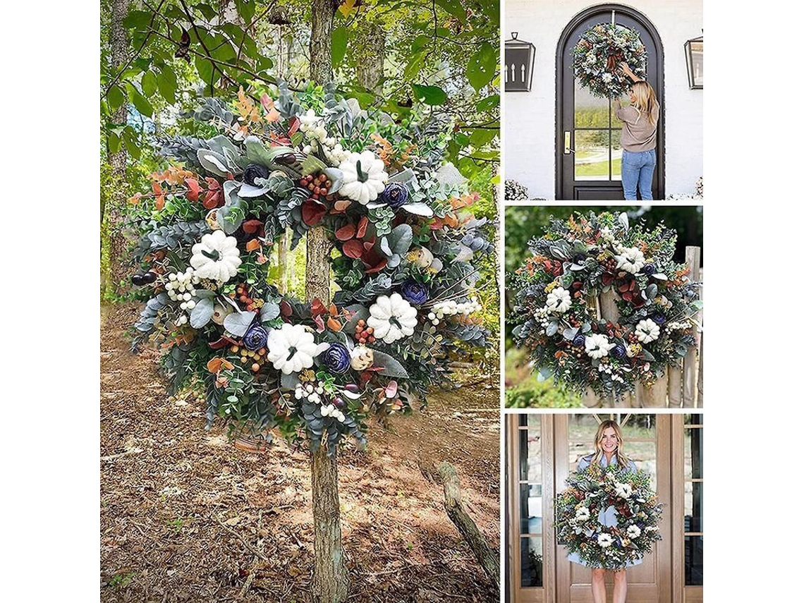 Guirlanda De Outono Decorativa Para Porta Da Frente Com Abóboras Brancas, Folhas De Maple E Frutos Silvestres - 45cm