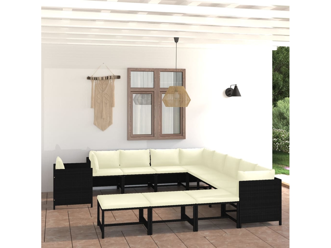 Vidaxl 12 Pcs Conjunto Lounge De Jardim C/ Almofadões Vime Pe Preto