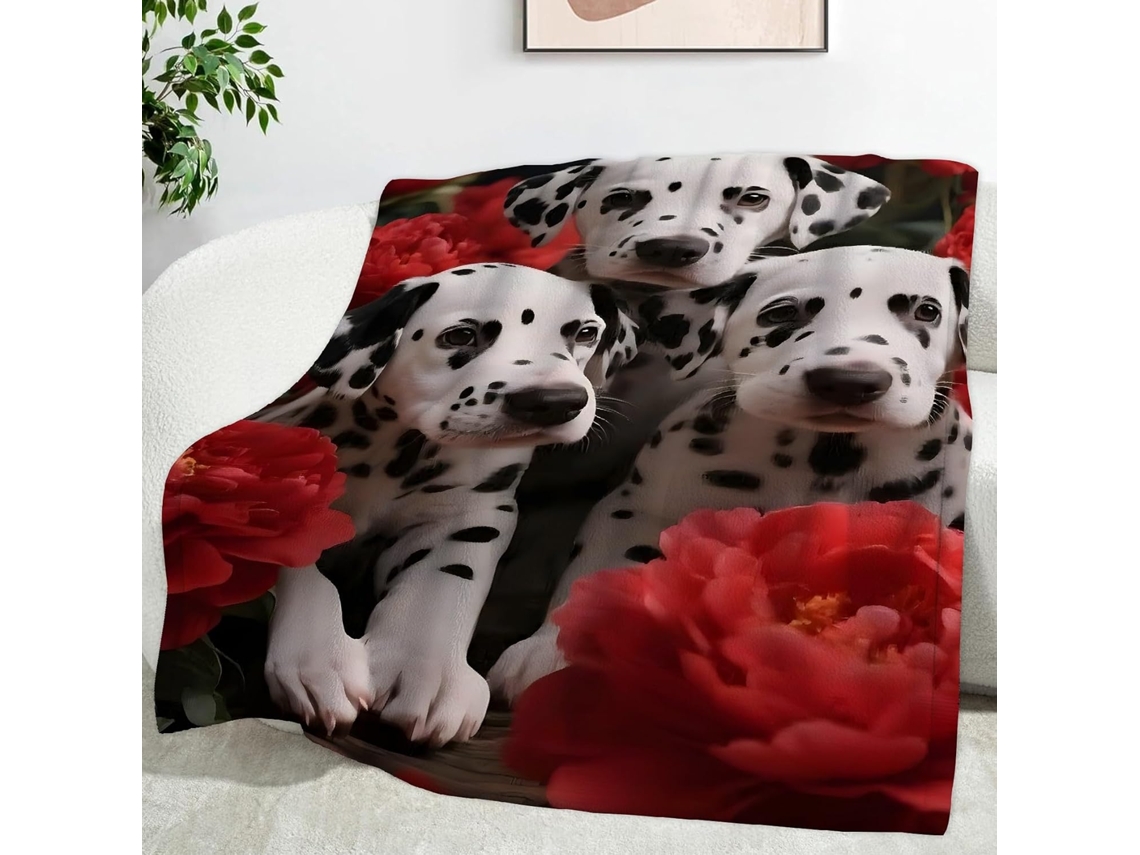 Manta com Estampa de Flores Vermelhas e Dálmatas 130x150 Cm Multifuncional Macia Aconchegante em Flanela Ideal