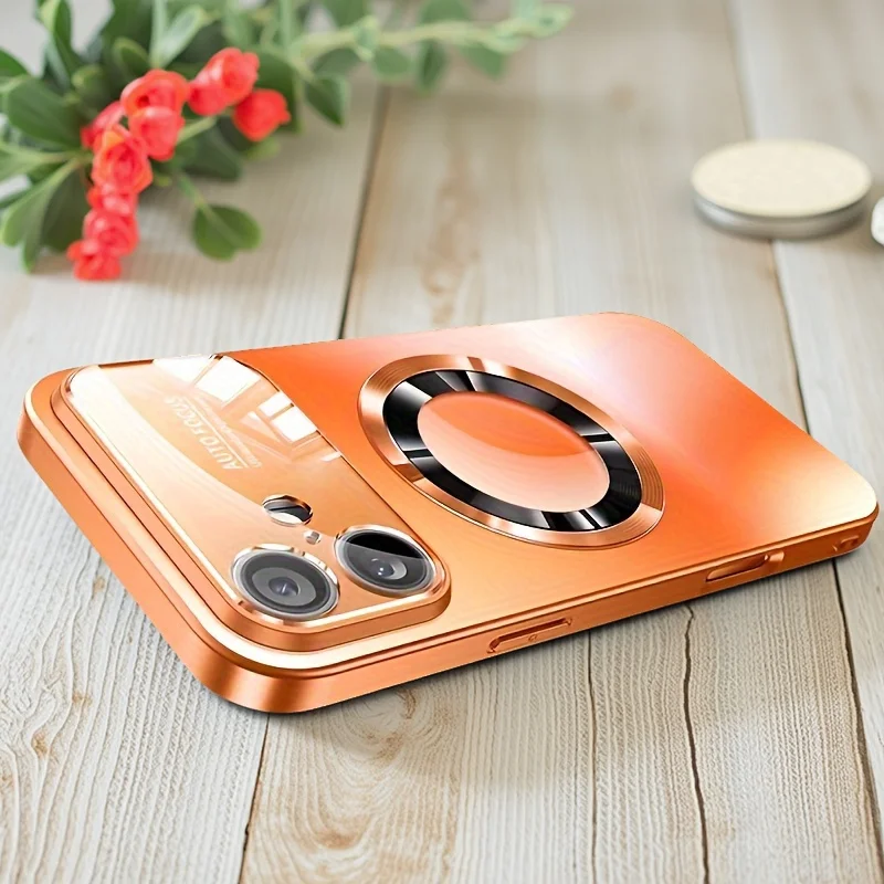 Capa Magnética Fosca De Titânio Para Iphone 16 Pro (laranja) Com Protetor De Lente E Magsafe