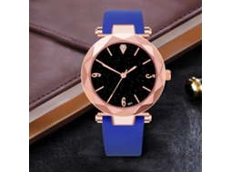 Relógio feminino de quartzo com pulseira de couro sintético e mostrador azul com céu estrelado.