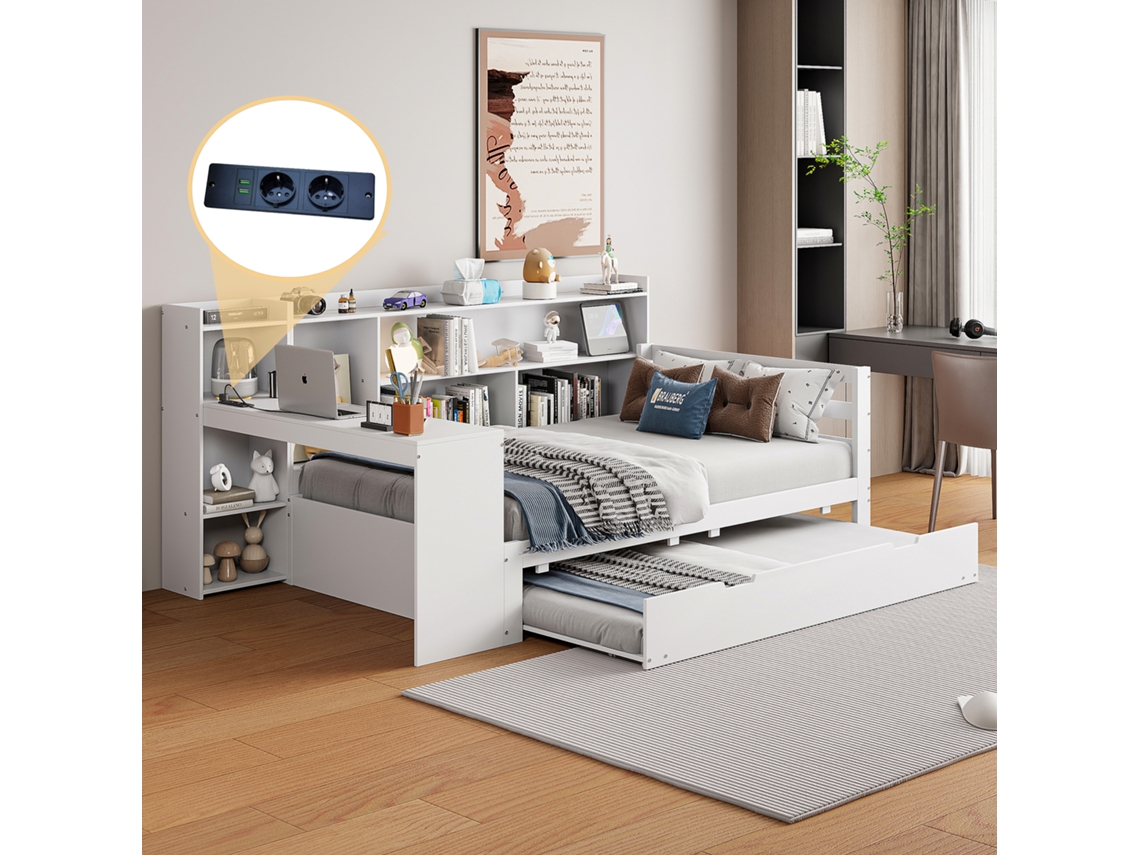 Sofá-cama Madeira Maciça 90x200 Cm Mesa Estantes Tomada Cama Extra Branco