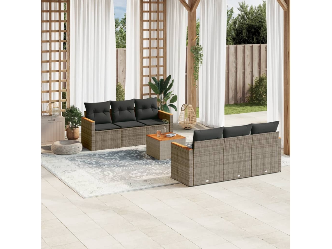 Vidaxl 7 Pcs Conjunto Sofás P/ Jardim C/ Almofadões Vime Pe Cinzento