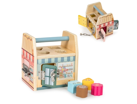 Cubo Educacional de Madeira Classificador de Blocos Quatro Fechaduras Alça ECOTOYS