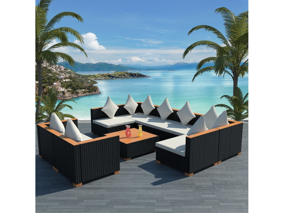 9 Pcs Conjunto Lounge De Jardim C/ Almofadões Vime Pe Preto Dkd Home Decor