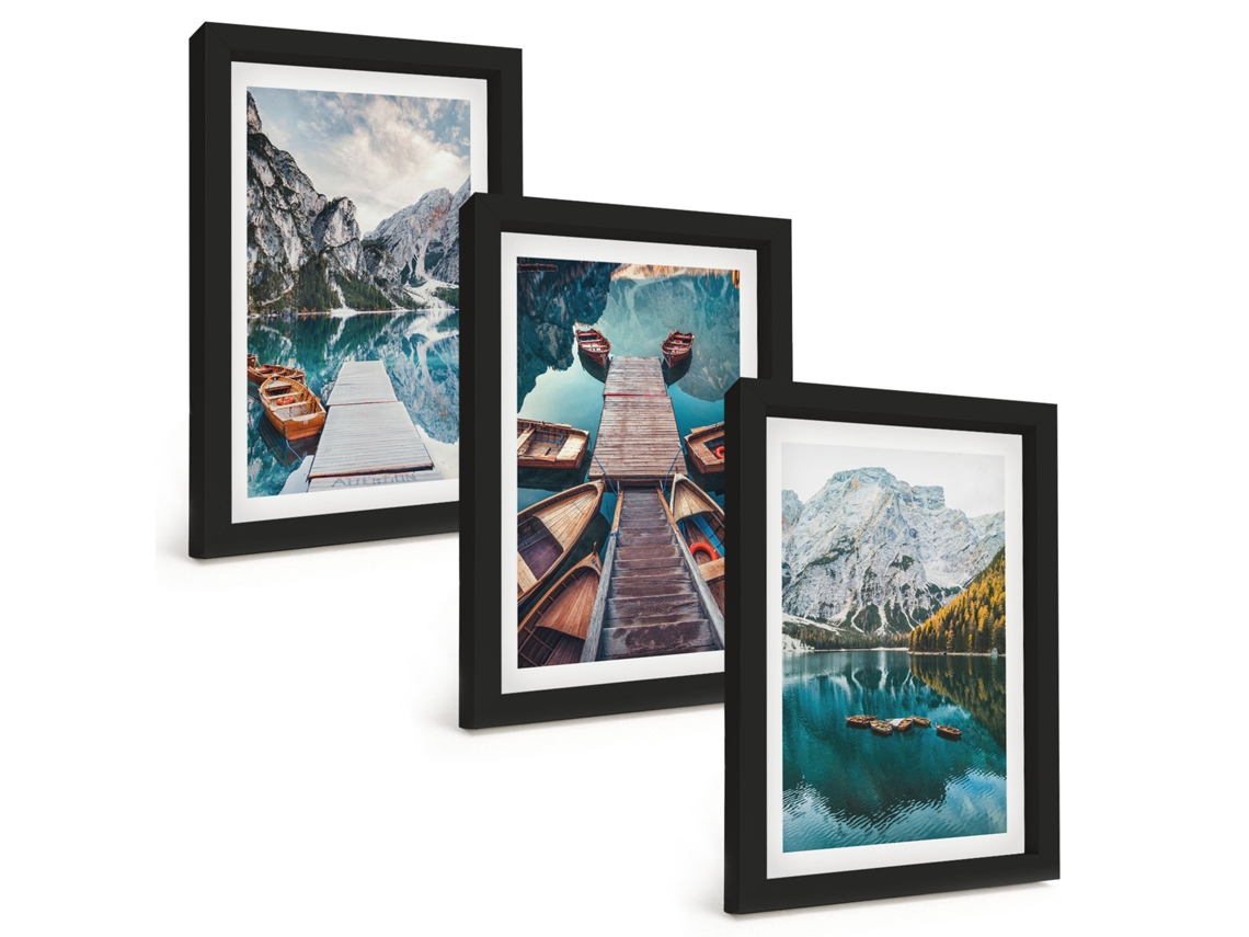 Um Conjunto De Imagens Decorativas Em Uma Moldurapíeres No Lago, Montanhas Moldura Preta Pinturas De Quarto Espelharte (3 Peças 20x30 Cm)