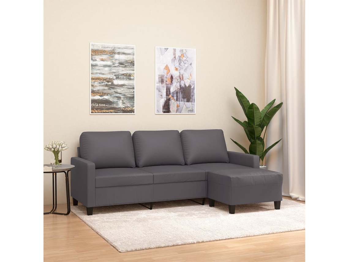 Vidaxl Sofá De 3 Lugares C/ Apoio De Pés 180 Cm Couro Artificial Cinza