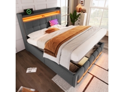Cama Casal Cinza 160x200cm Estofada (réplica), Led, Usb, Cabeceira Prateleiras, Hidráulica, Linho. Cs