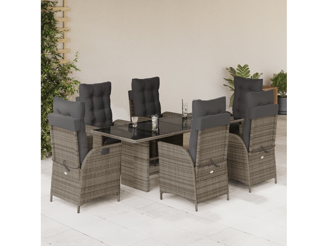 7 Pcs Jogo De Jantar P/ Jardim C/ Almofadões Vime Pe Cinza Dkd Home Decor
