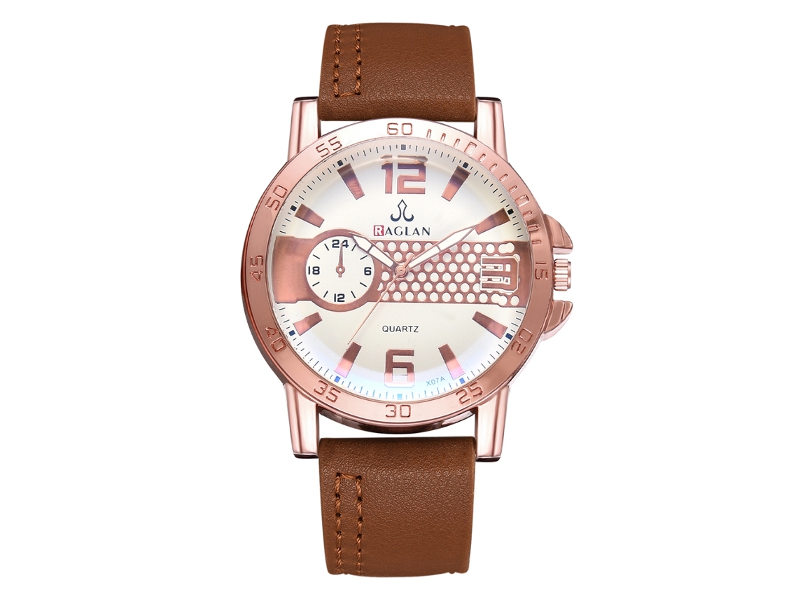 Relógio masculino de quartzo com pulseira de couro PU, estilo casual, escala dupla, marrom.
