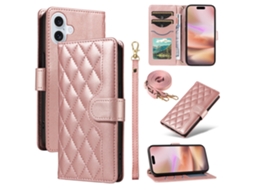 Capa Em Couro Pu Com Cordão Para Apple Iphone 16 Plus - Ouro Rosa