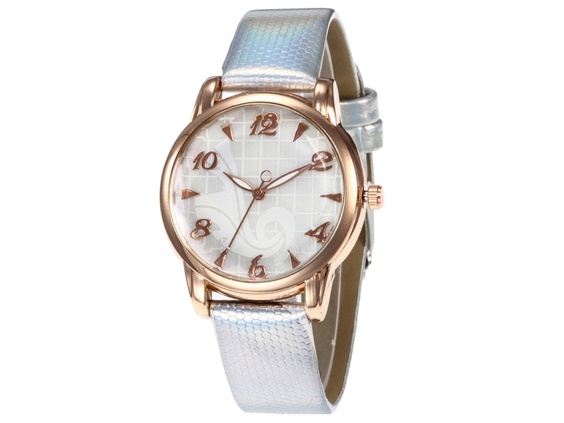 Relógio de pulso feminino com pulseira simples em PU, mostrador redondo e números dourados e prateados.