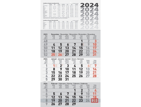 Calendário de Parede Bells Calendário de 3 Meses 2025 Cinza GLOCKEN