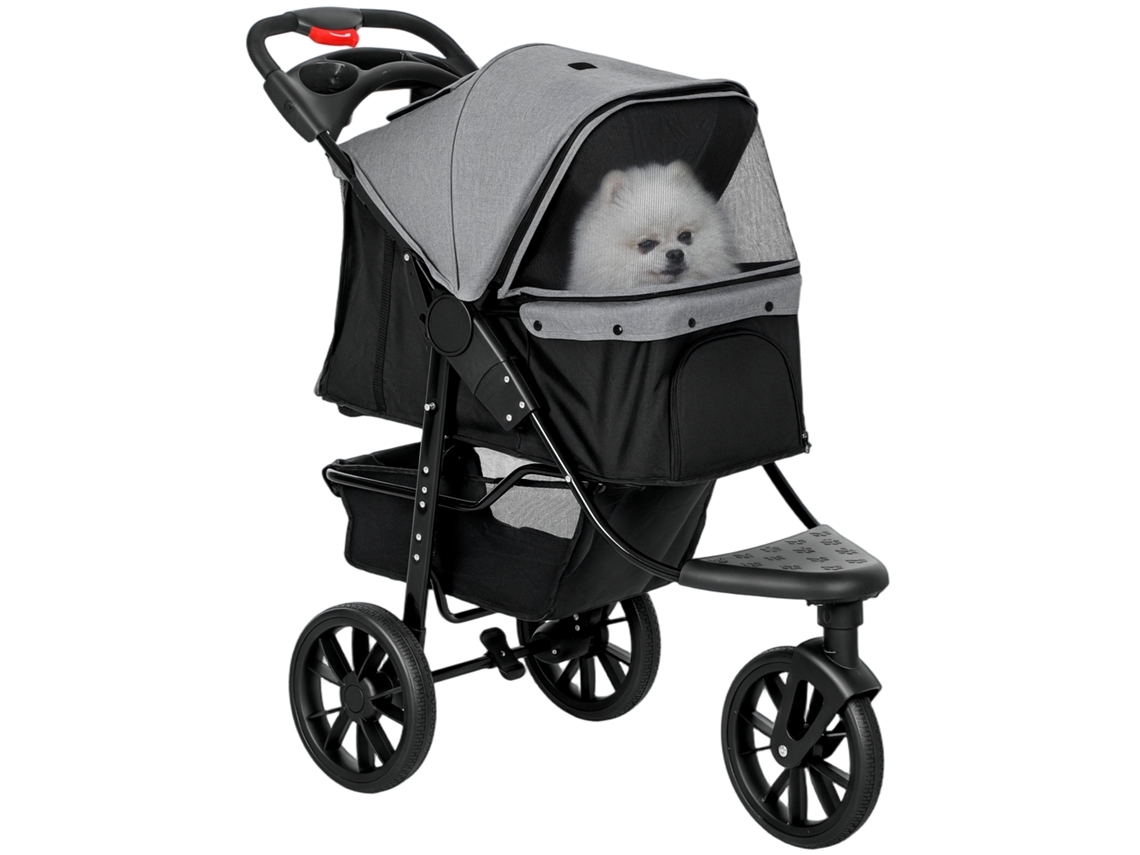 Carrinho Pet Dobrável Rodas Correias Segurança E Cesto Armazenamento E Cinza Preto 109,5x54,5x106,5cm