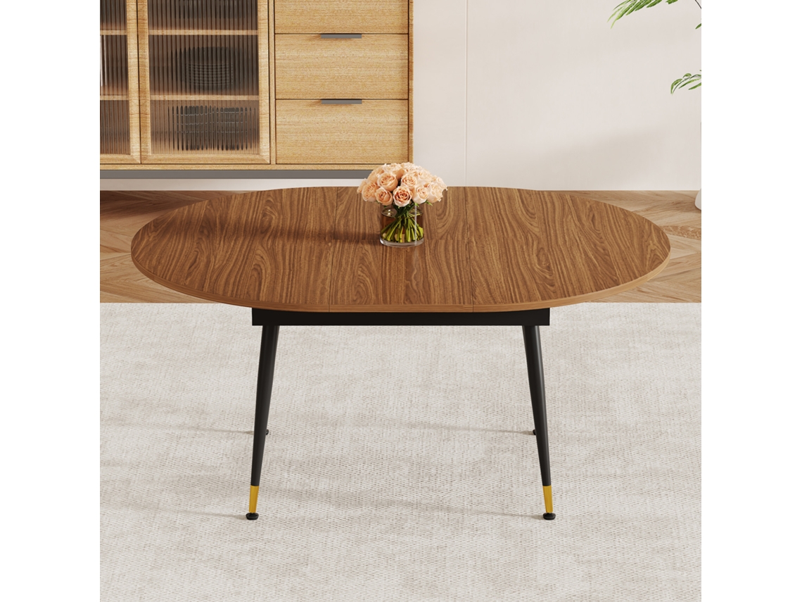 Mesa Oval Extensível Aspeto Nogueira Tampo Mdf Pés Metálicos Estáveis Para 6 A 10 Pessoas