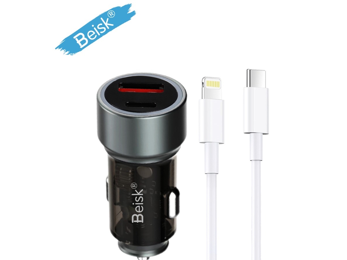 Dual Port Car Fast Charger Set With Lightning Type C Cables Multi Protocol Fast Charging, Compact Car Charger Beisk