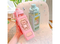 Garrafa de água Rebe Bear com canudo, 700ml, plástico rosa com adesivo.
