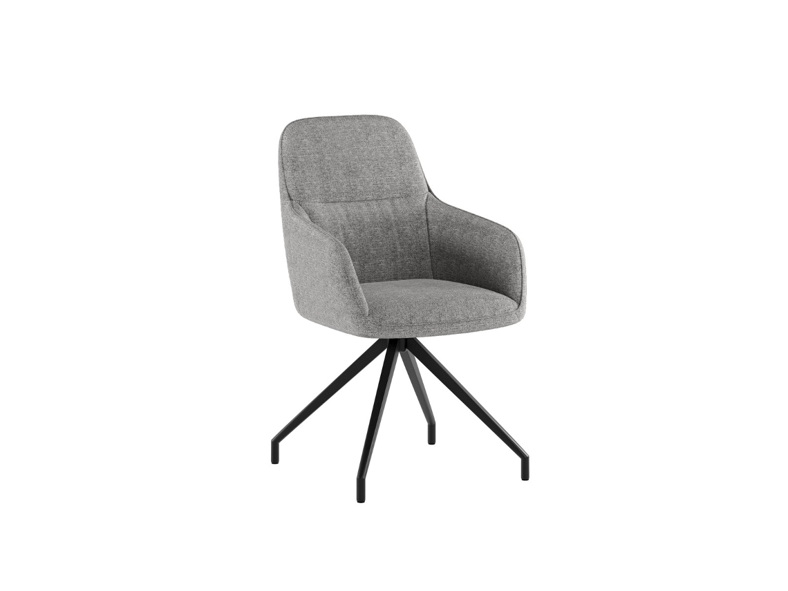 Cadeira De Jantar Giratória Gaia, Design Moderno Em Formato De Concha, Com Estofamento Em Tecido Cinza Claro E Estrutura De Metal Preto - Om