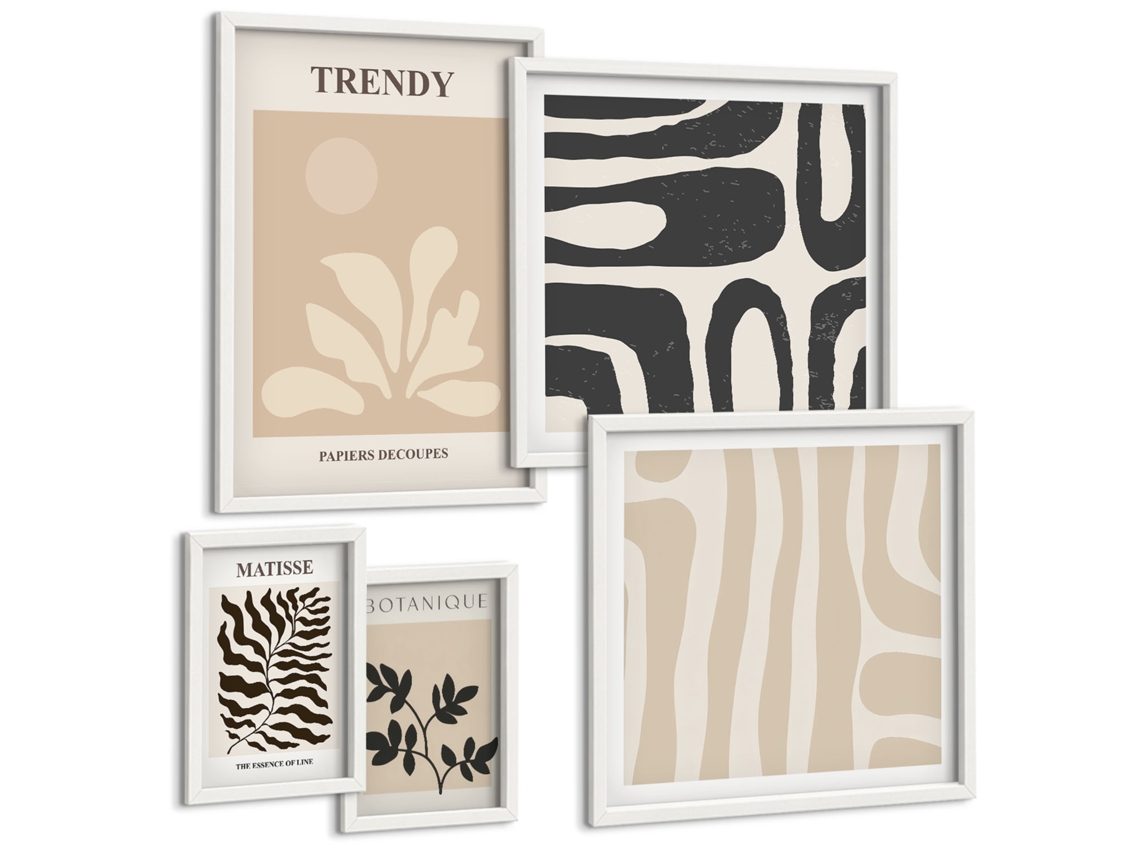 Pinturas Murais Modernas Padrões De Plantas Em Bege Moldura Branca Quadros Para A Sala De Estar Espelharte (conjunto De 5 Imagens)