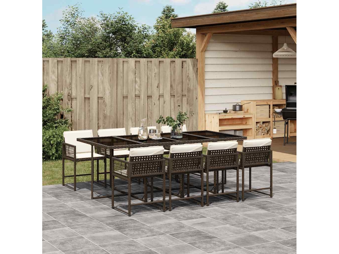 Vidaxl 9 Pcs Conjunto Jantar P/ Jardim C/ Almofadões Vime Pe Castanho