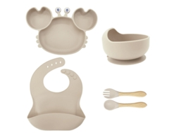 5 Conjuntos De Talheres Para Bebê, Mat. :silicone Bege: Pratinhos, Tigelas, Aventais E Talheres Com Estampa De Caranguejo