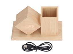 Reloj Despertador Digital De Madera Con Portaminas Control Voz Pantalla Led Hd Usb Batería Y Termómetro