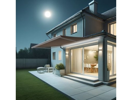 Toldo Coffre Hevoa Branco 5,00x3,50 Motorizado com socorro telecomando e LED - Tela Taupe