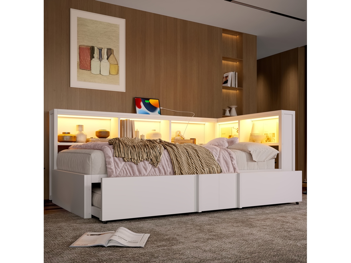 Cama de Dia Metálica 90x200cm, Retrátil, Armários, Iluminação Led, Usb, Branca GE