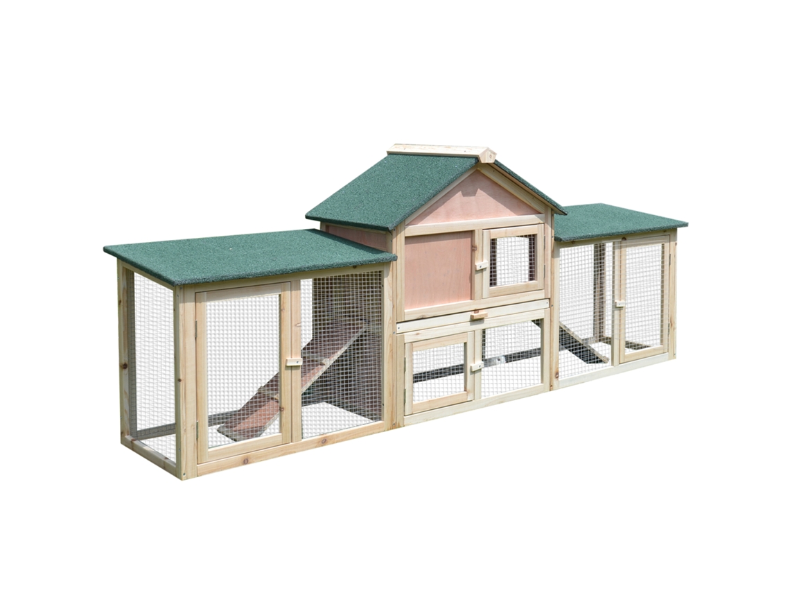 Coelheira De Exterior Grande Gaiola De Madeira Para 2-4 Coelhos Com Teto Asfáltico Recinto De Arame Bandeja Removível E Rampas 210x45,5x84,5cm Natural