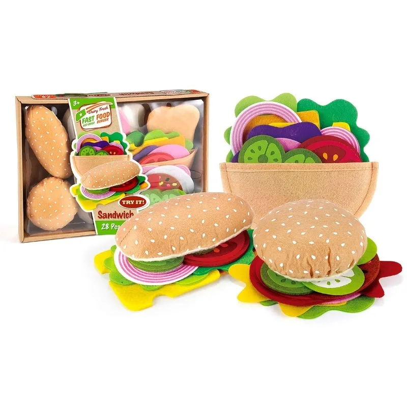 28pcs Feltro Comida Hambúrguer Sanduíche Toy Set, Crianças Passar Jogos De Casa, Role Playing