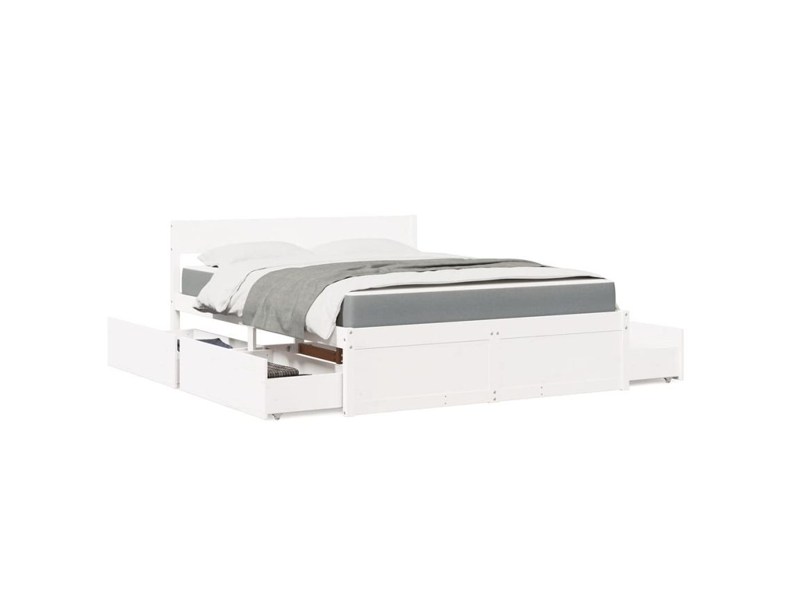 Vidaxl Cama Com Gavetas E Colchão 160x200 Cm Pinho Maciço Branco
