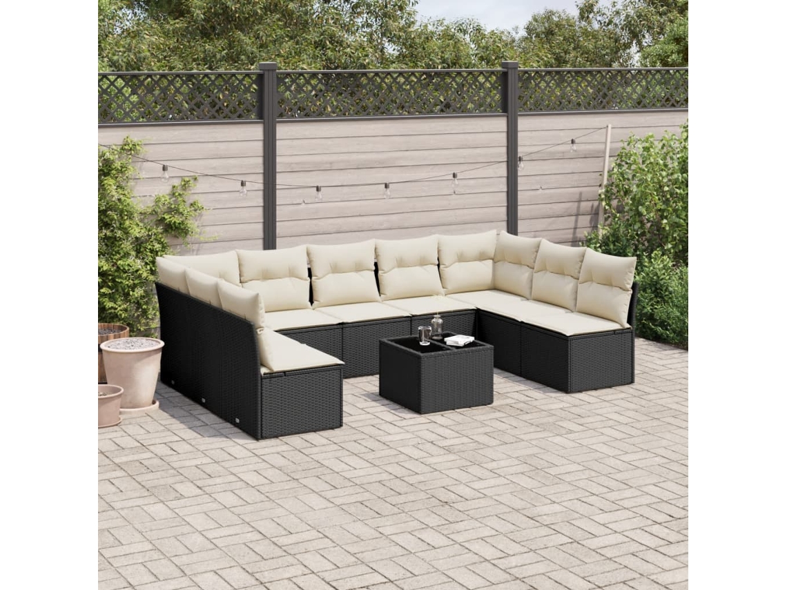 Vidaxl 10 Pcs Conjunto Sofás De Jardim C/ Almofadões Vime Pe Preto