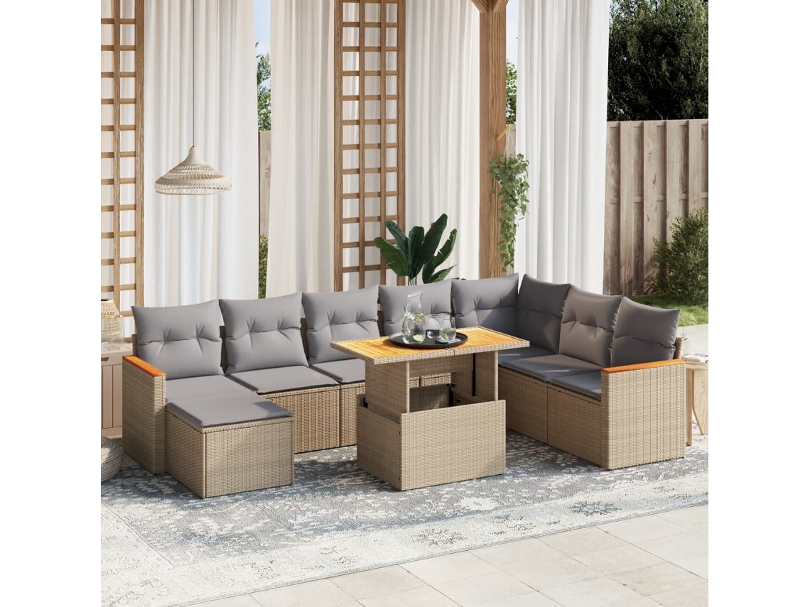 Vidaxl 9 Pcs Conjunto De Sofás P/ Jardim Com Almofadões Vime Pe Bege
