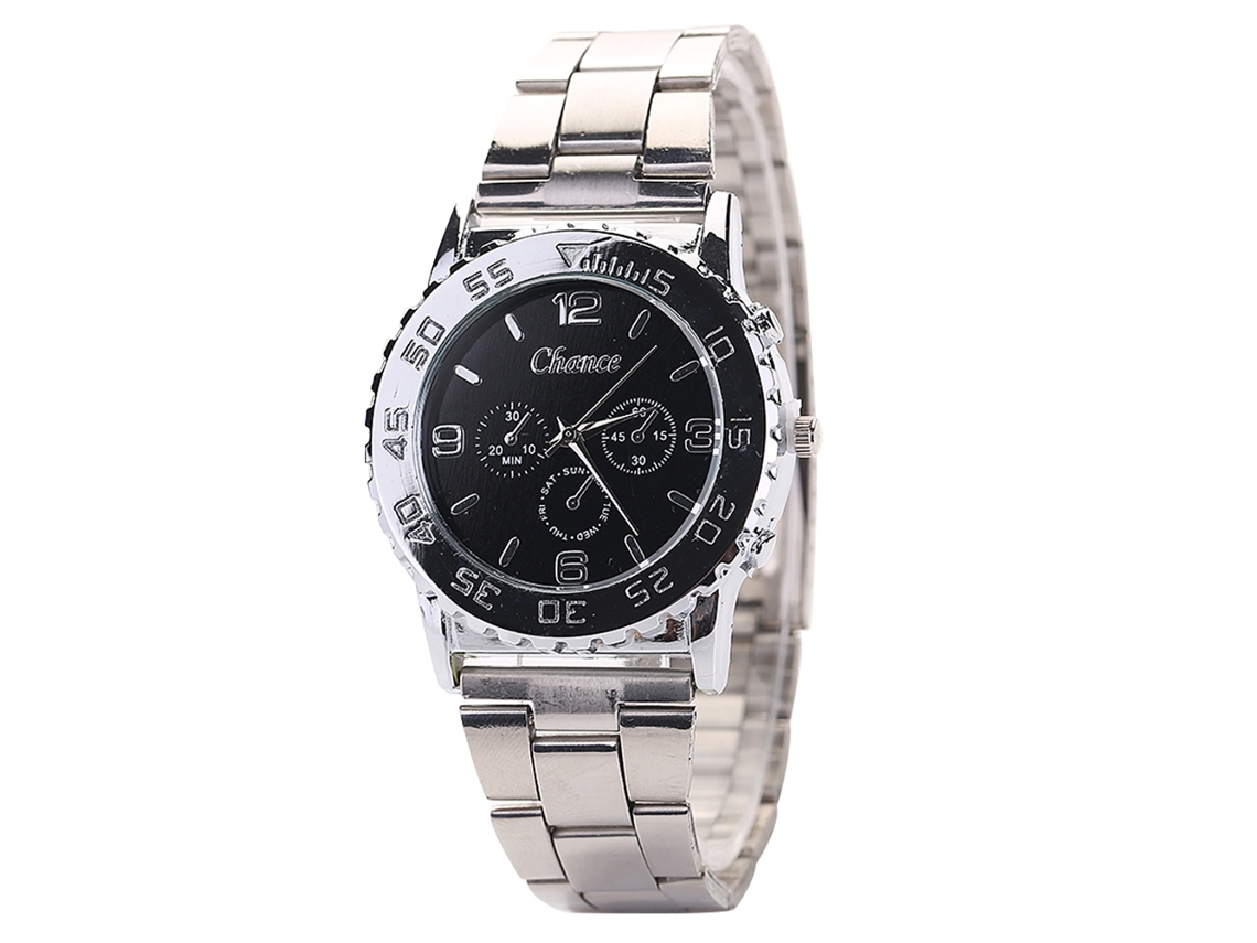Relógio de pulso masculino de quartzo com pulseira redonda de liga metálica, preto casual e moderno