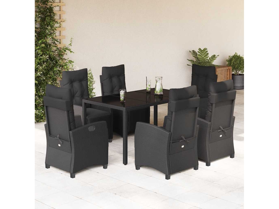 Vidaxl 7 Pcs Conjunto De Jantar P/ Jardim C/ Almofadões Vime Pe Preto