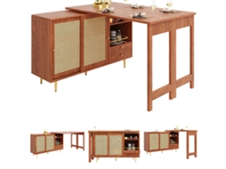 Mesa Giratória 360° Mesa Ajustável Em Marrom Com Armário De Vime E Prateleira Aberta Btforus (corpo Principal 107 X 40 X 71,4 Cm)
